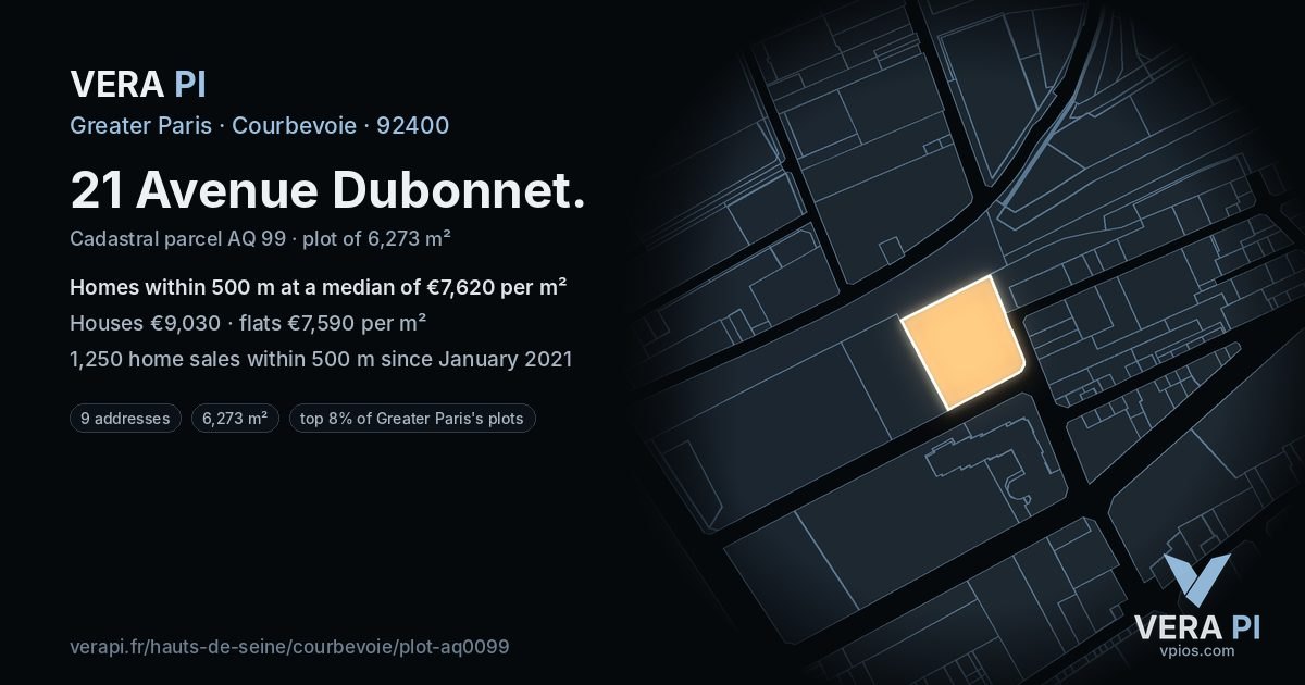 21 Avenue Dubonnet, Courbevoie at night – the plot lit, the parcels around coloured by the prices near them