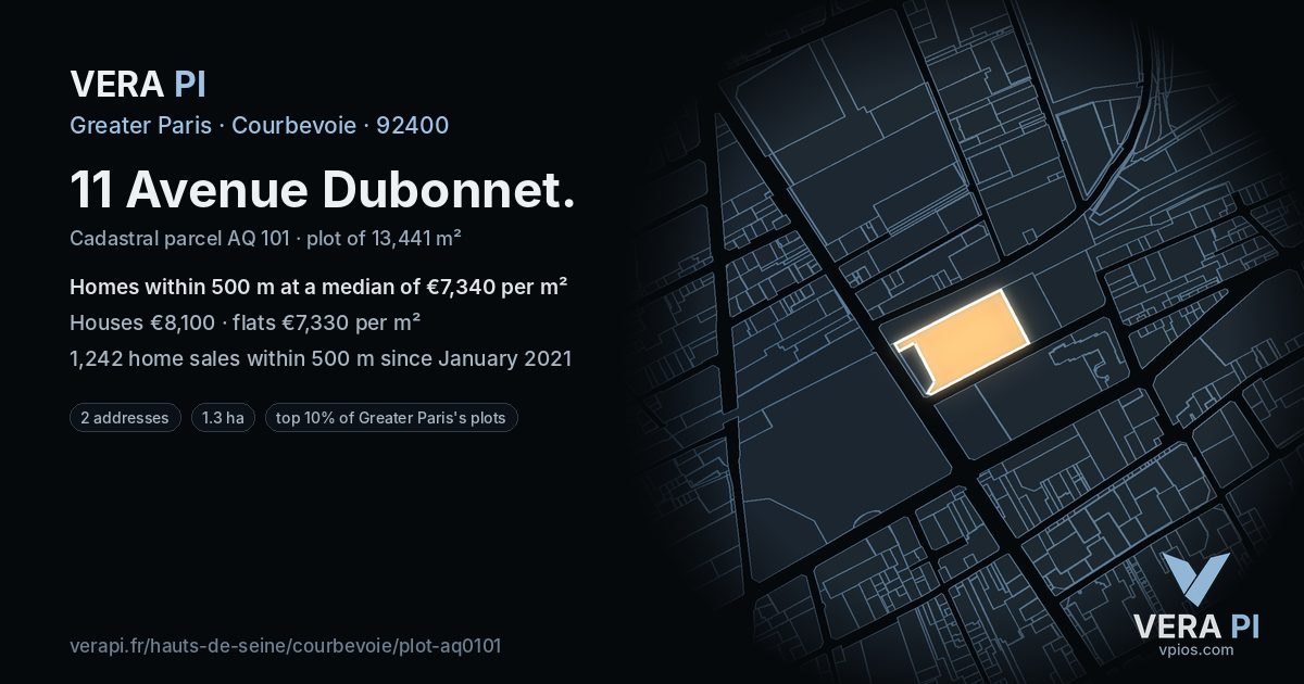 11 Avenue Dubonnet, Courbevoie at night – the plot lit, the parcels around coloured by the prices near them