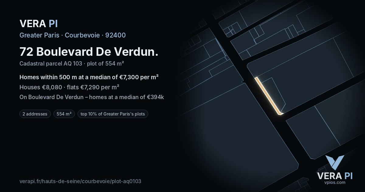72 Boulevard De Verdun, Courbevoie at night – the plot lit, the parcels around coloured by the prices near them