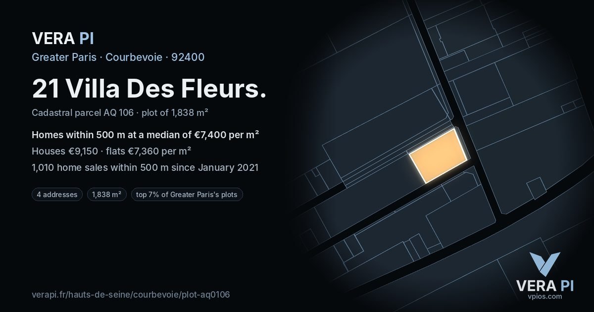 21 Villa Des Fleurs, Courbevoie at night – the plot lit, the parcels around coloured by the prices near them