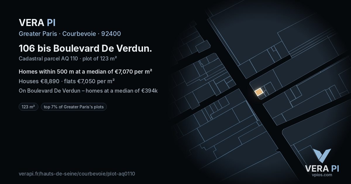 106 bis Boulevard De Verdun, Courbevoie at night – the plot lit, the parcels around coloured by the prices near them