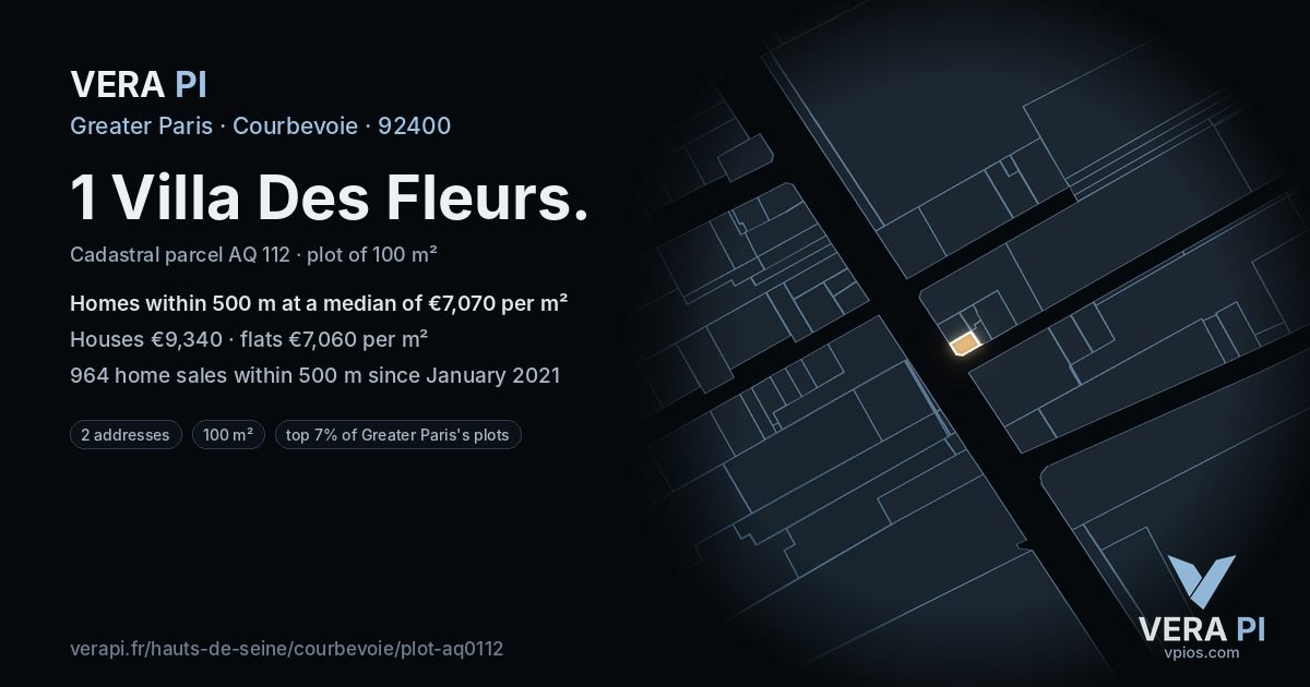 1 Villa Des Fleurs, Courbevoie at night – the plot lit, the parcels around coloured by the prices near them