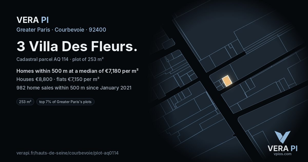 3 Villa Des Fleurs, Courbevoie at night – the plot lit, the parcels around coloured by the prices near them