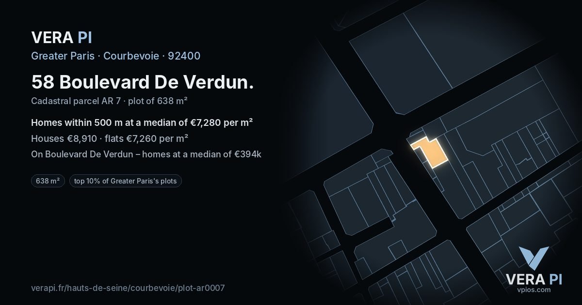 58 Boulevard De Verdun, Courbevoie at night – the plot lit, the parcels around coloured by the prices near them
