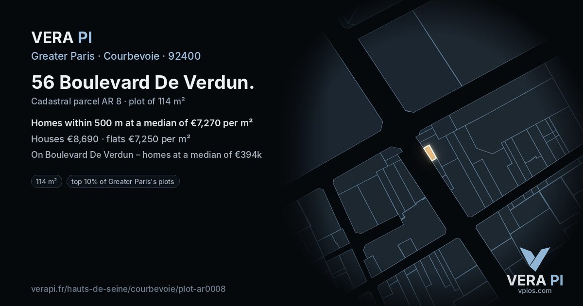 56 Boulevard De Verdun, Courbevoie at night – the plot lit, the parcels around coloured by the prices near them