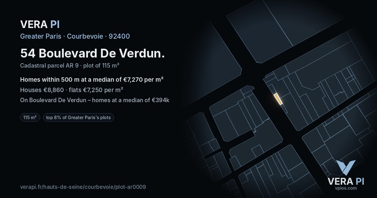 54 Boulevard De Verdun, Courbevoie at night – the plot lit, the parcels around coloured by the prices near them