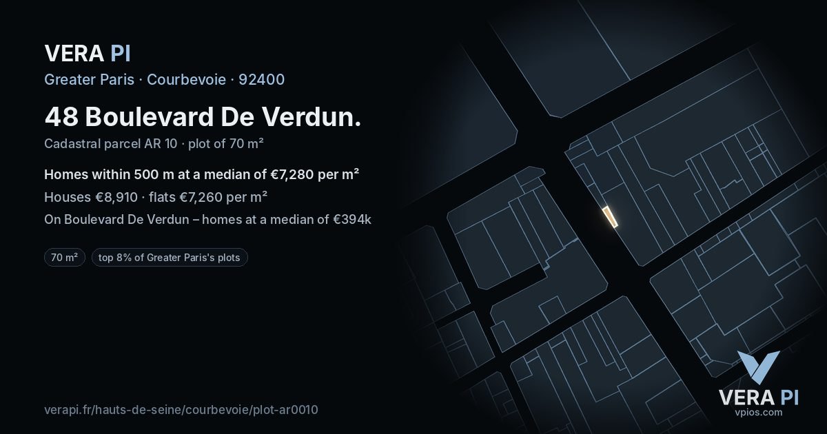 48 Boulevard De Verdun, Courbevoie at night – the plot lit, the parcels around coloured by the prices near them