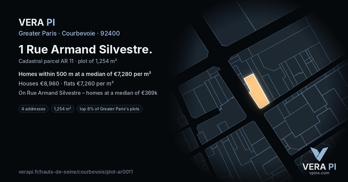 1 Rue Armand Silvestre, Courbevoie at night – the plot lit, the parcels around coloured by the prices near them