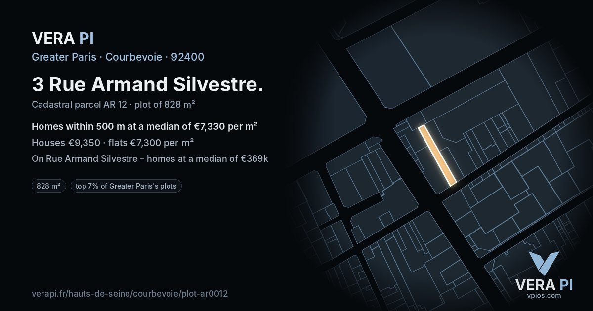 3 Rue Armand Silvestre, Courbevoie at night – the plot lit, the parcels around coloured by the prices near them