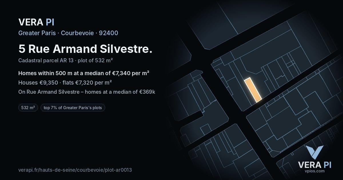 5 Rue Armand Silvestre, Courbevoie at night – the plot lit, the parcels around coloured by the prices near them