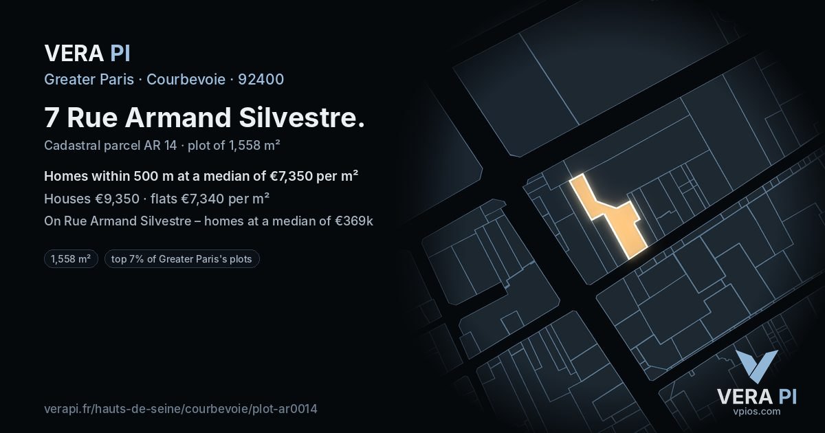 7 Rue Armand Silvestre, Courbevoie at night – the plot lit, the parcels around coloured by the prices near them