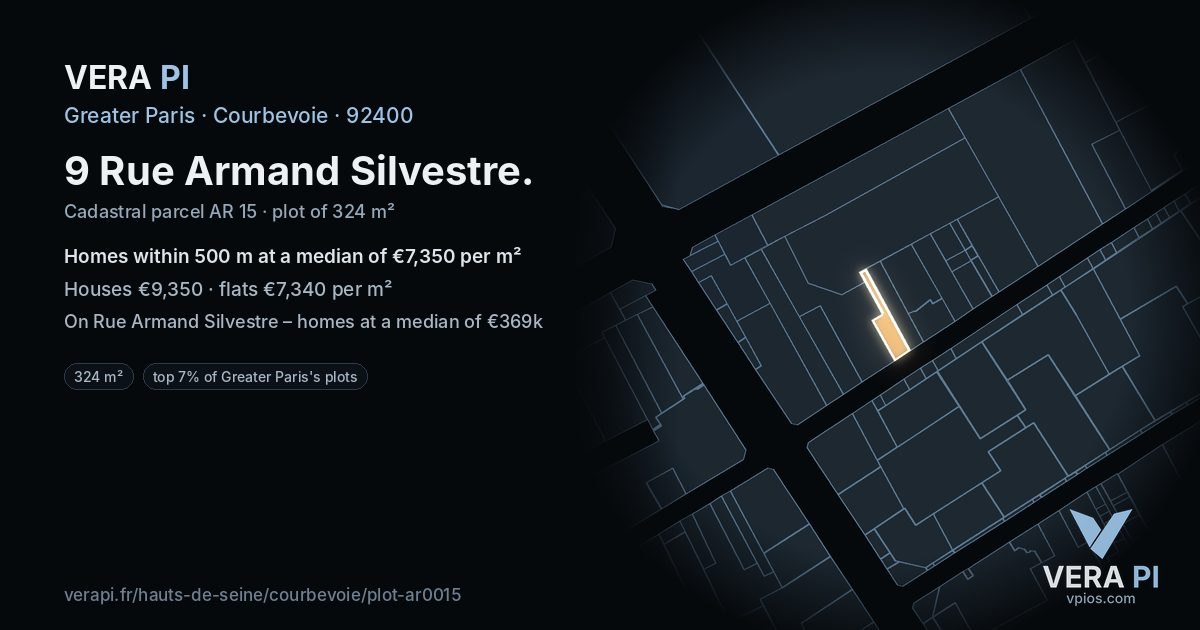 9 Rue Armand Silvestre, Courbevoie at night – the plot lit, the parcels around coloured by the prices near them