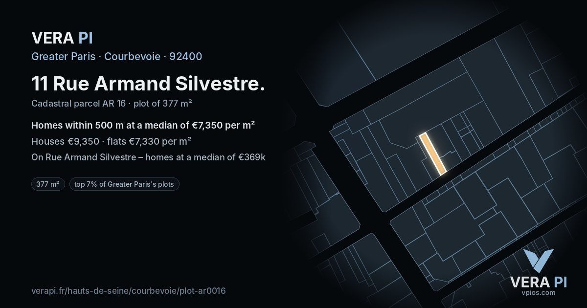 11 Rue Armand Silvestre, Courbevoie at night – the plot lit, the parcels around coloured by the prices near them