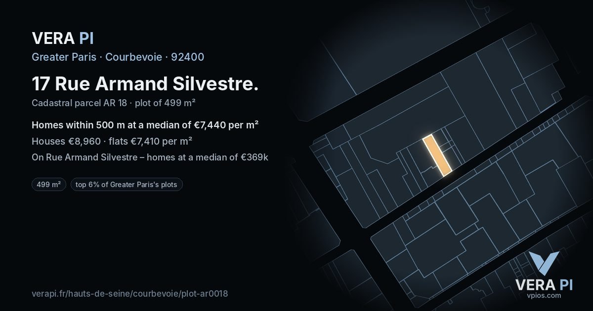 17 Rue Armand Silvestre, Courbevoie at night – the plot lit, the parcels around coloured by the prices near them