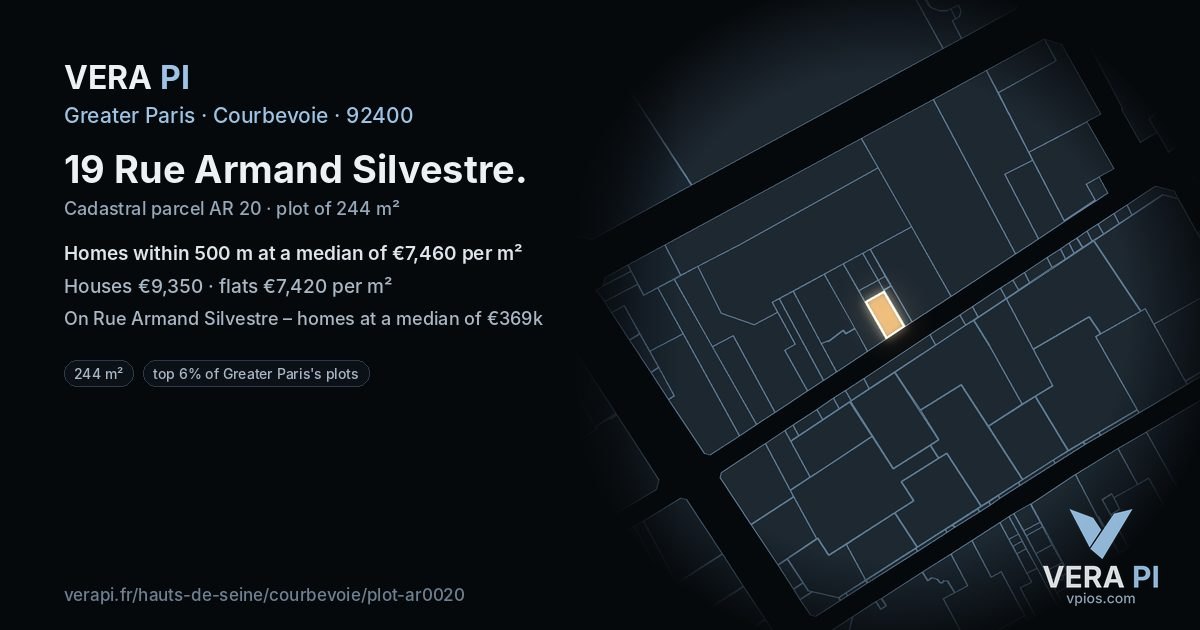19 Rue Armand Silvestre, Courbevoie at night – the plot lit, the parcels around coloured by the prices near them