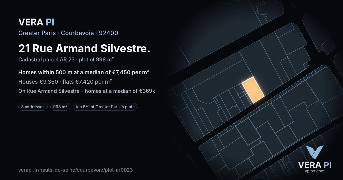 21 Rue Armand Silvestre, Courbevoie at night – the plot lit, the parcels around coloured by the prices near them
