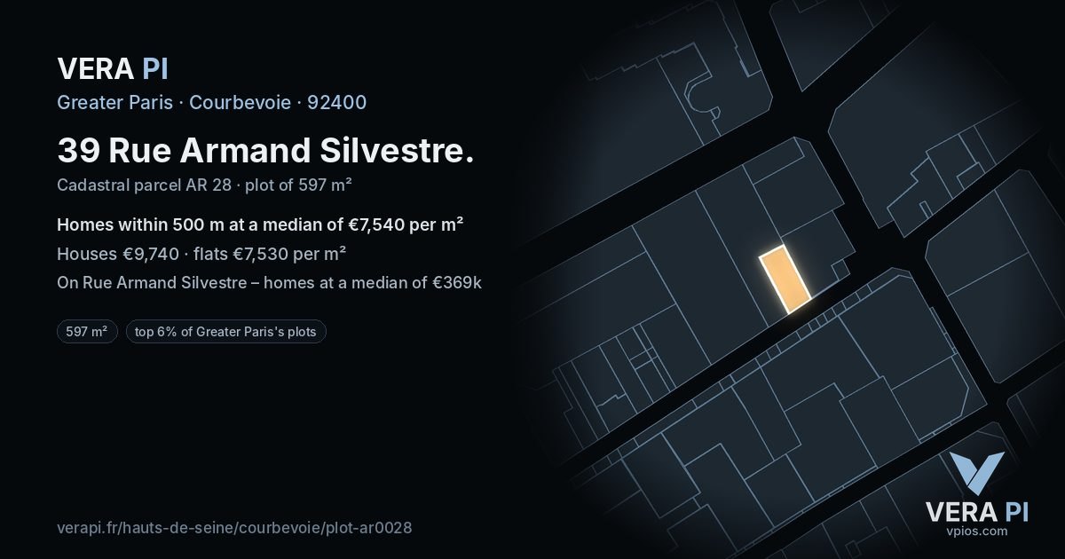 39 Rue Armand Silvestre, Courbevoie at night – the plot lit, the parcels around coloured by the prices near them