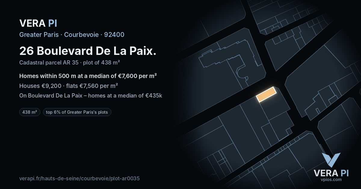 26 Boulevard De La Paix, Courbevoie at night – the plot lit, the parcels around coloured by the prices near them