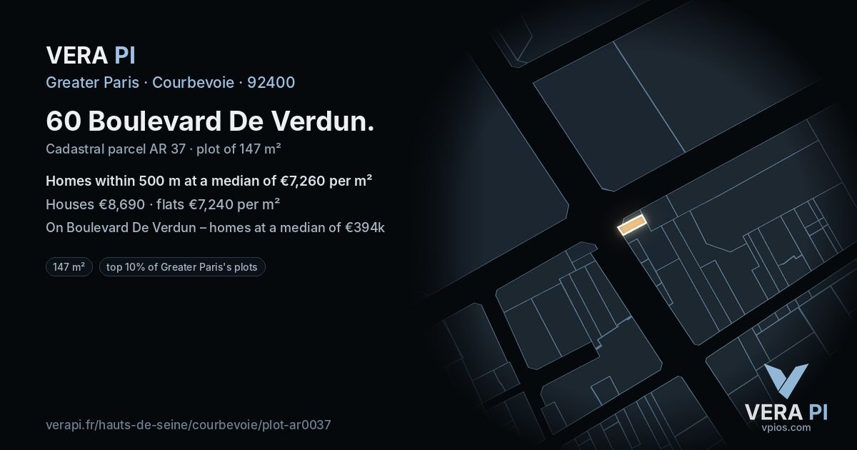 60 Boulevard De Verdun, Courbevoie at night – the plot lit, the parcels around coloured by the prices near them