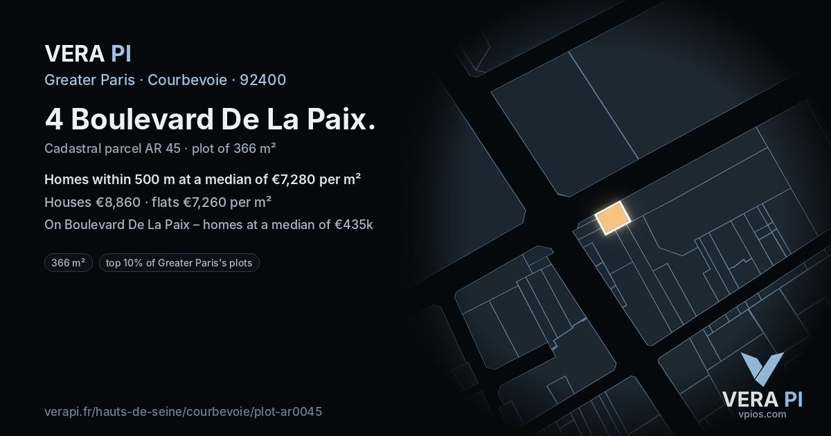 4 Boulevard De La Paix, Courbevoie at night – the plot lit, the parcels around coloured by the prices near them