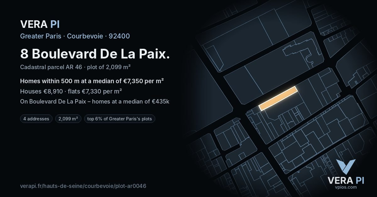 8 Boulevard De La Paix, Courbevoie at night – the plot lit, the parcels around coloured by the prices near them