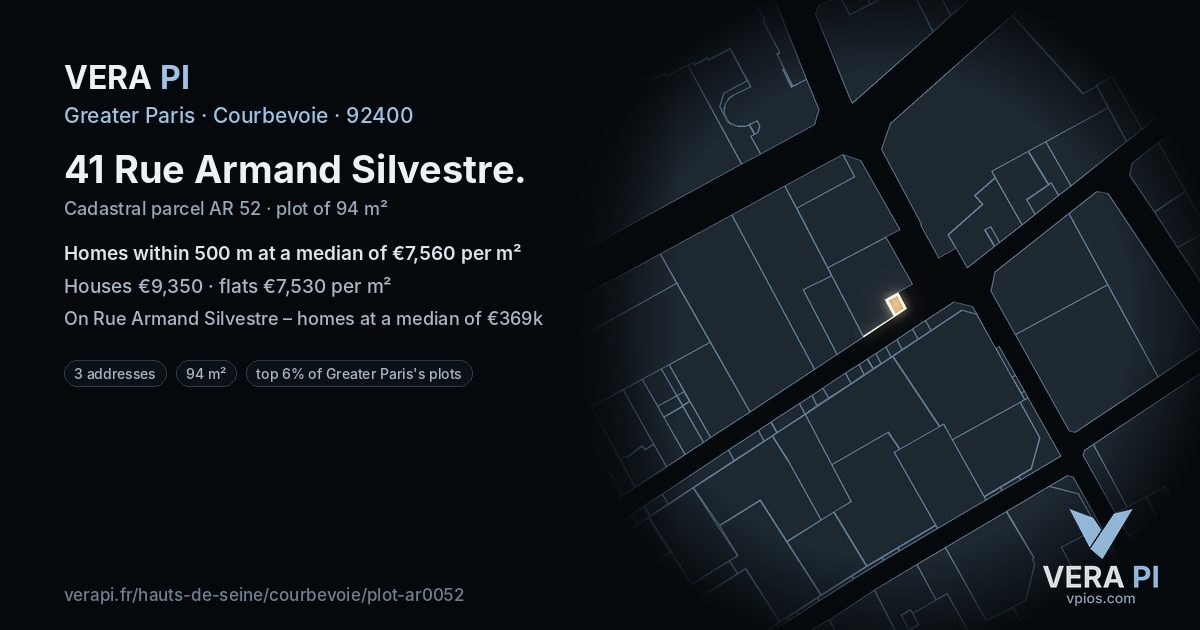 41 Rue Armand Silvestre, Courbevoie at night – the plot lit, the parcels around coloured by the prices near them