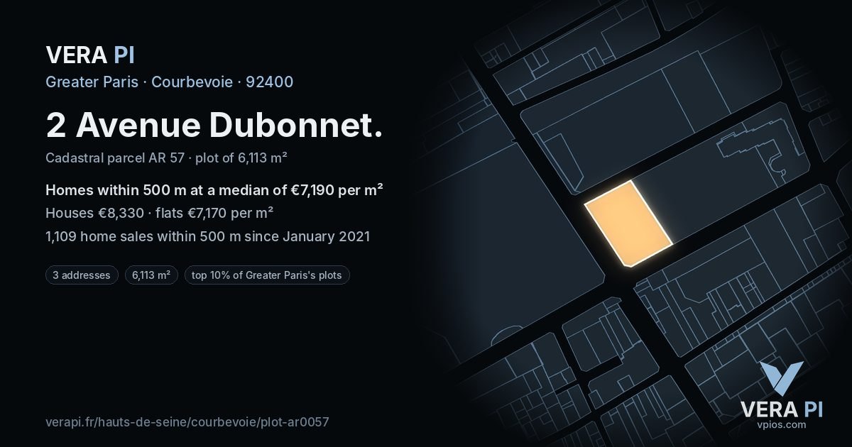 2 Avenue Dubonnet, Courbevoie at night – the plot lit, the parcels around coloured by the prices near them