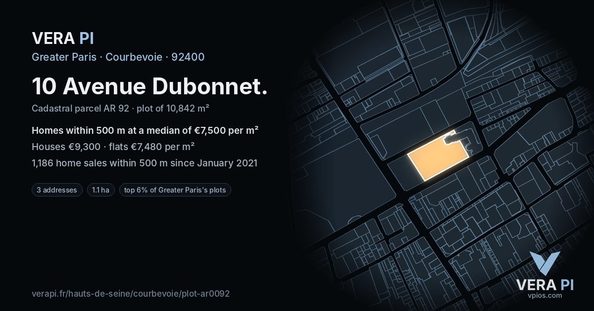 10 Avenue Dubonnet, Courbevoie at night – the plot lit, the parcels around coloured by the prices near them