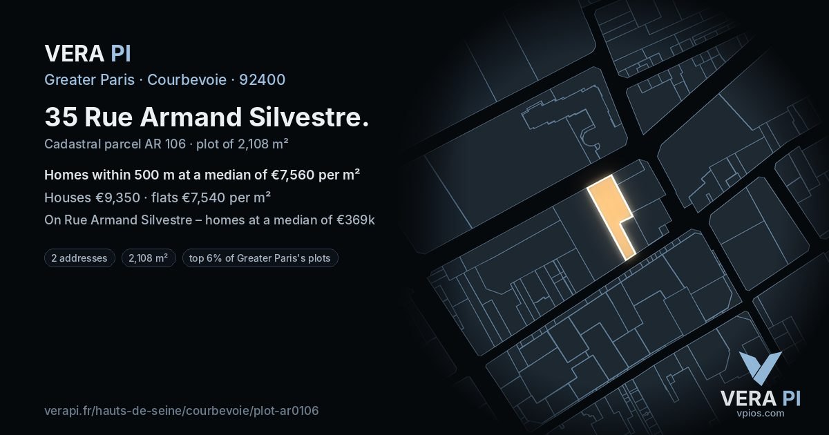 35 Rue Armand Silvestre, Courbevoie at night – the plot lit, the parcels around coloured by the prices near them