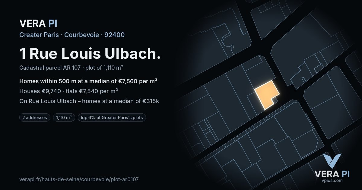 1 Rue Louis Ulbach, Courbevoie at night – the plot lit, the parcels around coloured by the prices near them