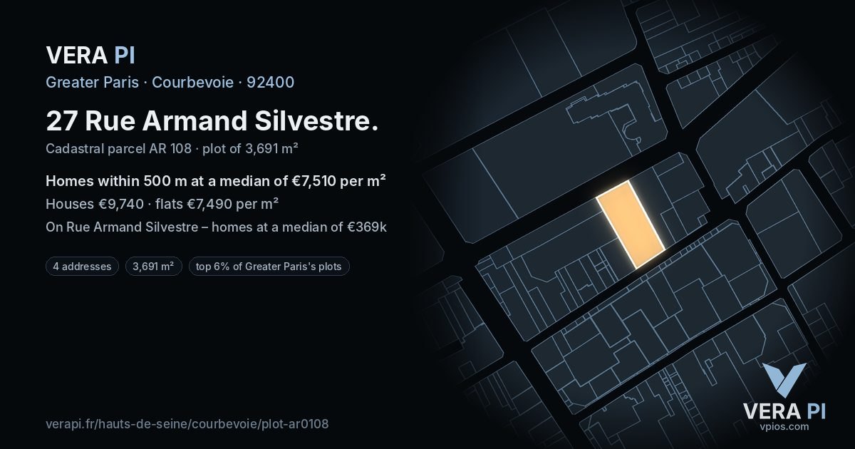 27 Rue Armand Silvestre, Courbevoie at night – the plot lit, the parcels around coloured by the prices near them