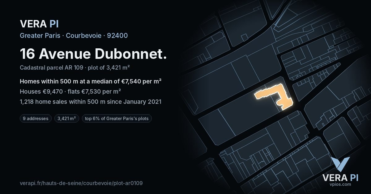 16 Avenue Dubonnet, Courbevoie at night – the plot lit, the parcels around coloured by the prices near them
