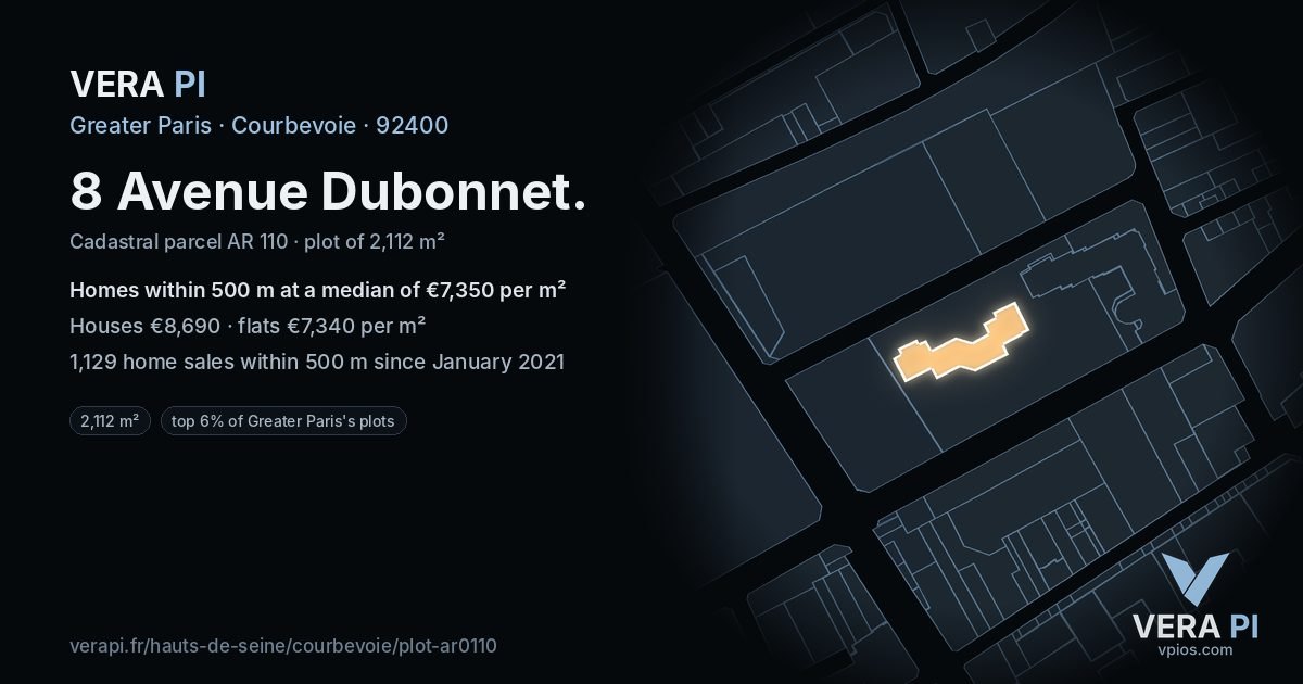 8 Avenue Dubonnet, Courbevoie at night – the plot lit, the parcels around coloured by the prices near them