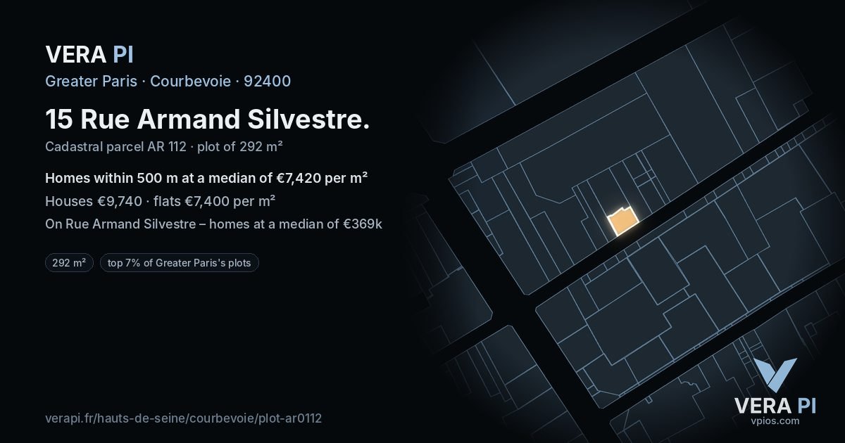 15 Rue Armand Silvestre, Courbevoie at night – the plot lit, the parcels around coloured by the prices near them