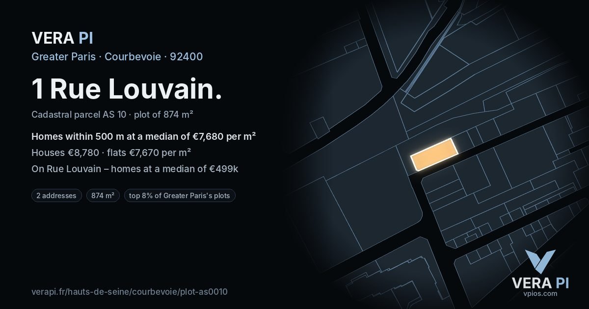 1 Rue Louvain, Courbevoie at night – the plot lit, the parcels around coloured by the prices near them