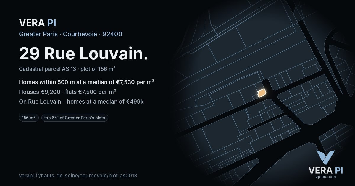 29 Rue Louvain, Courbevoie at night – the plot lit, the parcels around coloured by the prices near them