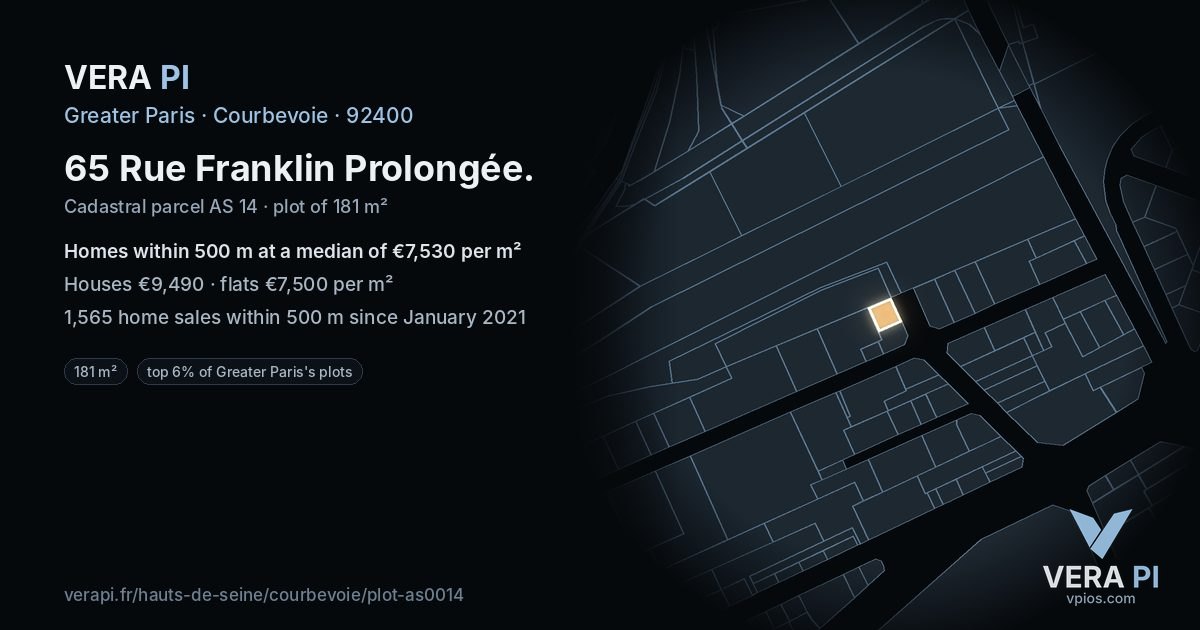 65 Rue Franklin Prolongée, Courbevoie at night – the plot lit, the parcels around coloured by the prices near them