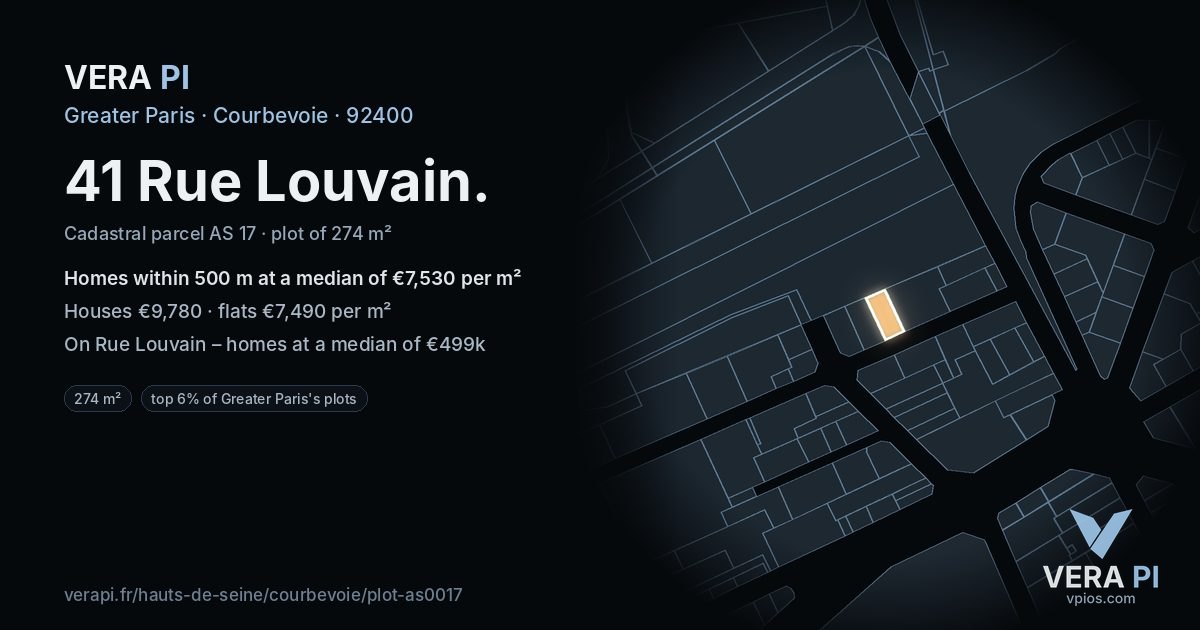 41 Rue Louvain, Courbevoie at night – the plot lit, the parcels around coloured by the prices near them