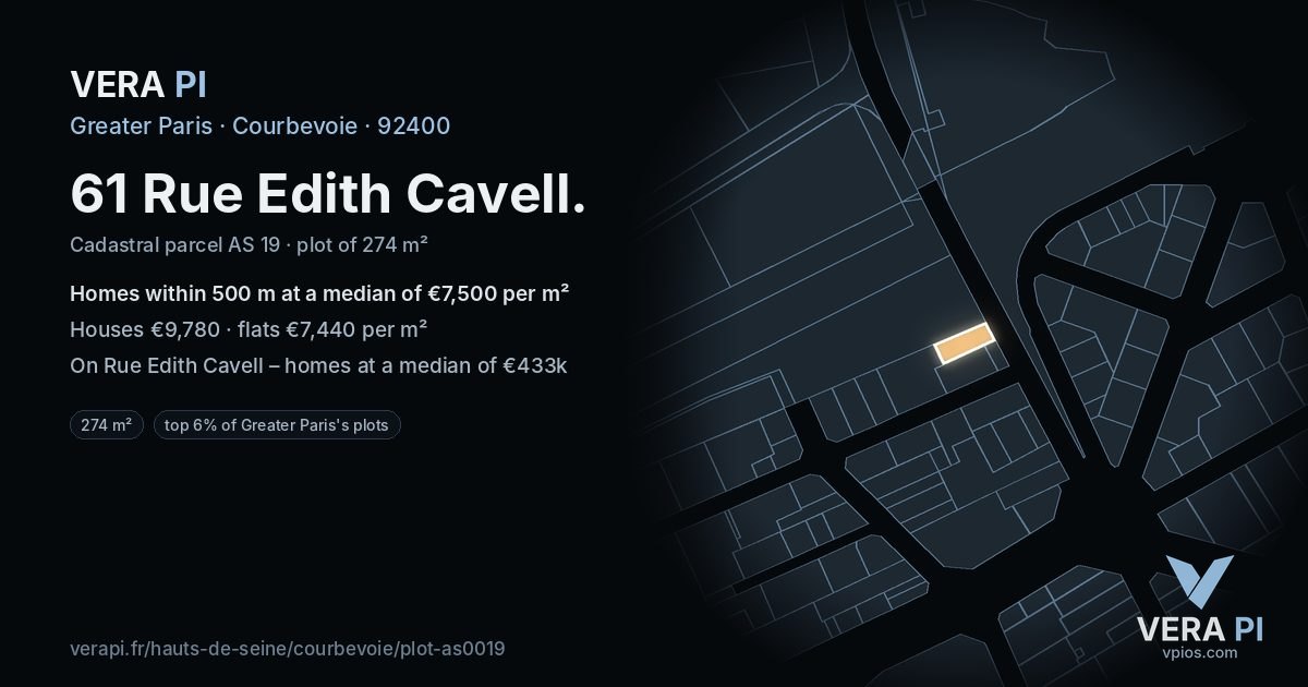 61 Rue Edith Cavell, Courbevoie at night – the plot lit, the parcels around coloured by the prices near them