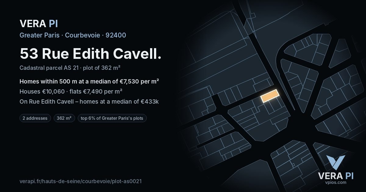 53 Rue Edith Cavell, Courbevoie at night – the plot lit, the parcels around coloured by the prices near them