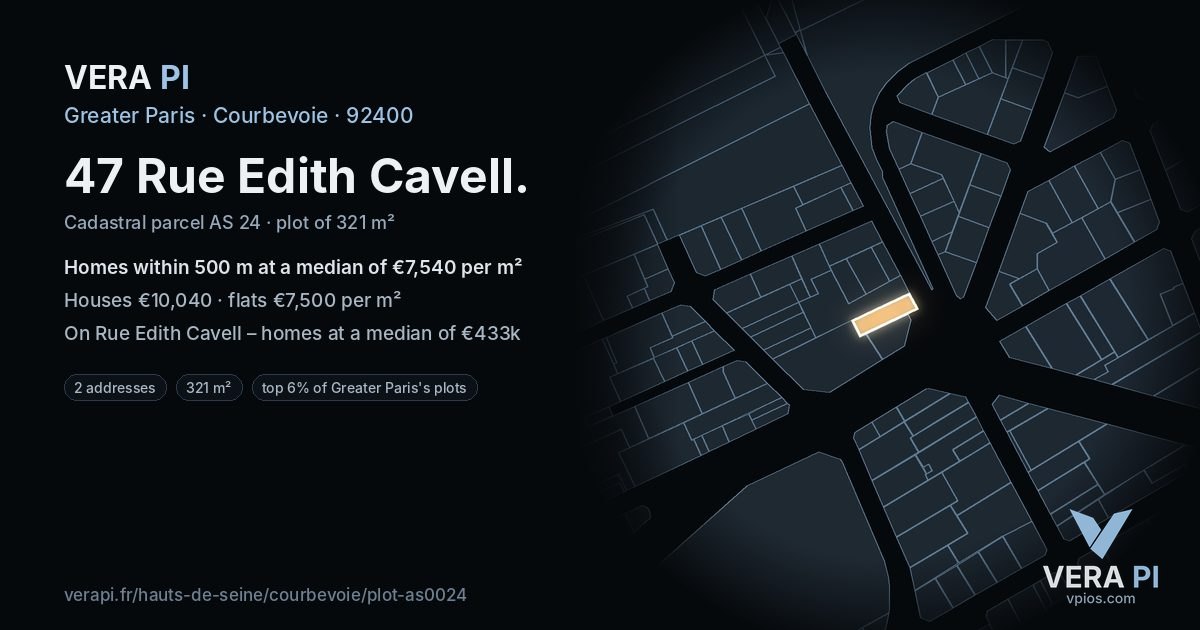 47 Rue Edith Cavell, Courbevoie at night – the plot lit, the parcels around coloured by the prices near them