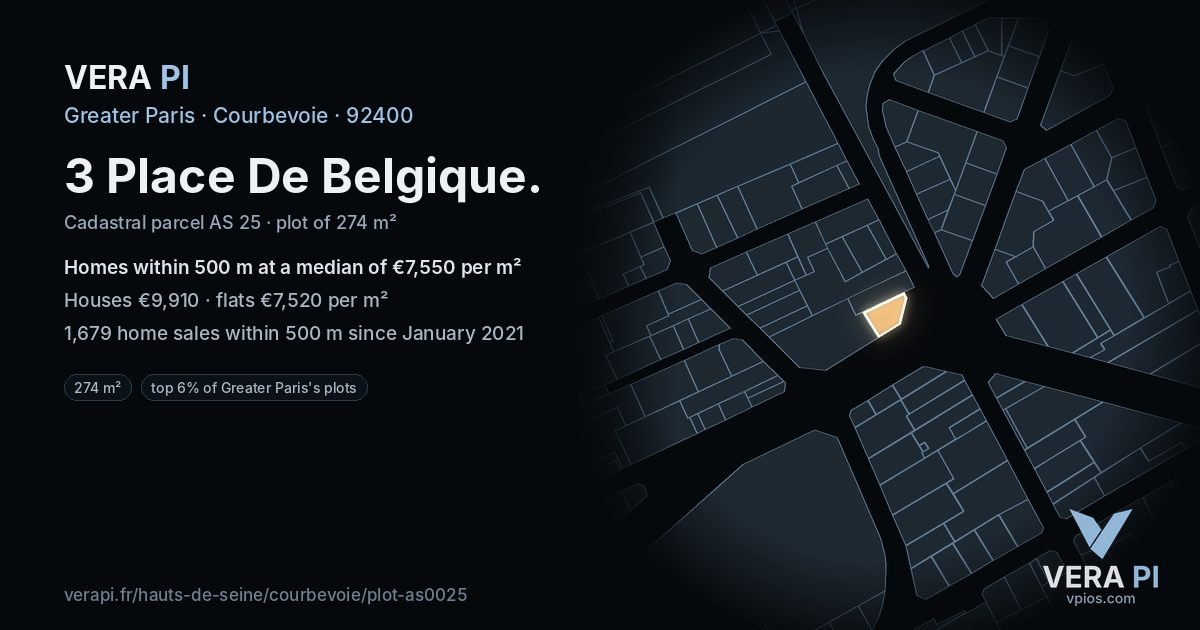 3 Place De Belgique, Courbevoie at night – the plot lit, the parcels around coloured by the prices near them