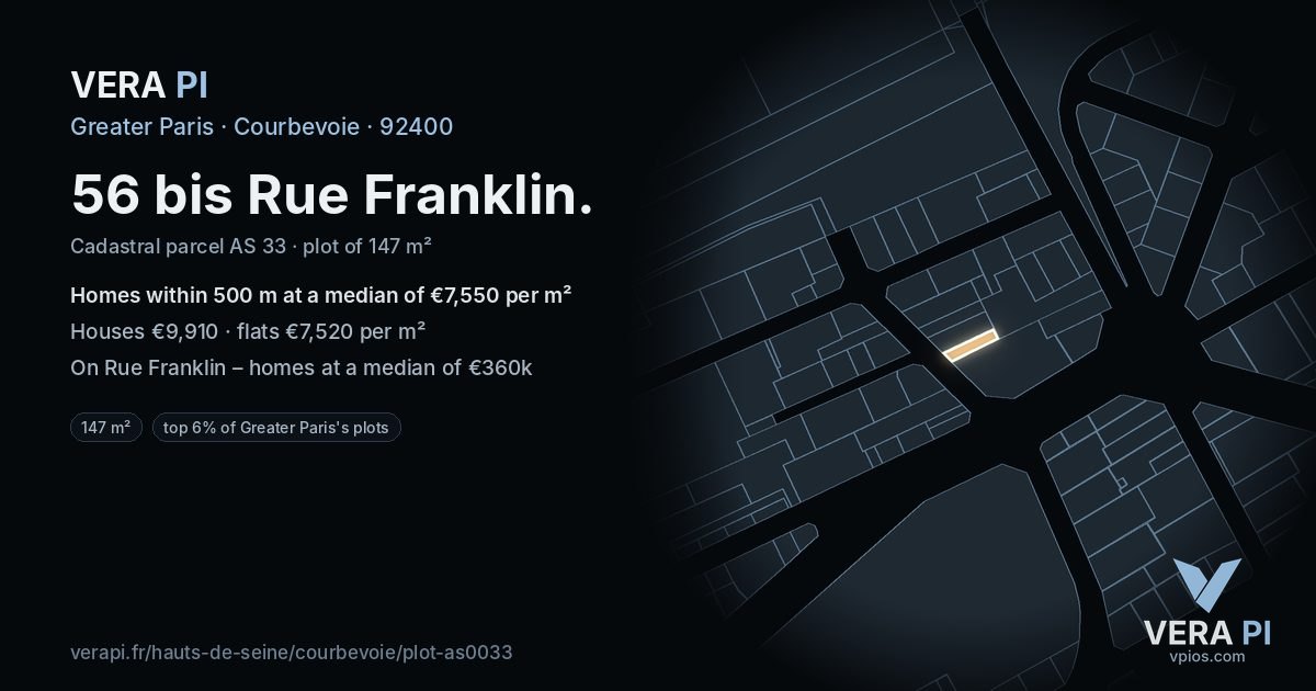 56 bis Rue Franklin, Courbevoie at night – the plot lit, the parcels around coloured by the prices near them
