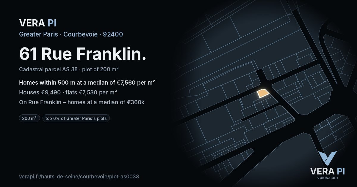 61 Rue Franklin, Courbevoie at night – the plot lit, the parcels around coloured by the prices near them