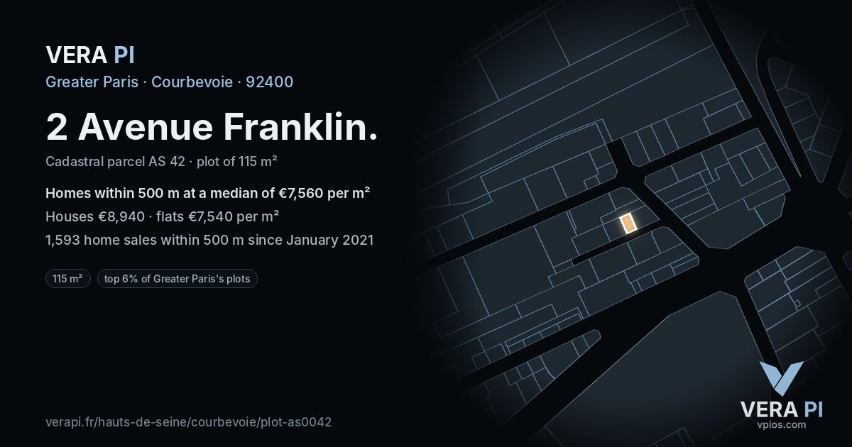 2 Avenue Franklin, Courbevoie at night – the plot lit, the parcels around coloured by the prices near them
