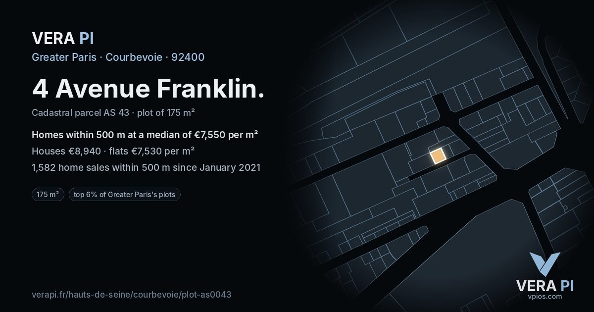 4 Avenue Franklin, Courbevoie at night – the plot lit, the parcels around coloured by the prices near them