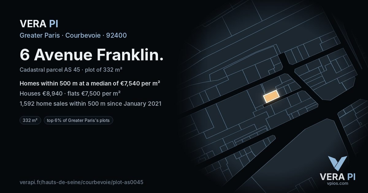 6 Avenue Franklin, Courbevoie at night – the plot lit, the parcels around coloured by the prices near them