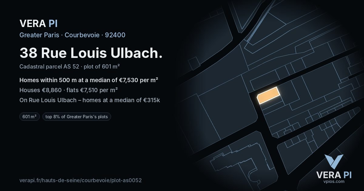 38 Rue Louis Ulbach, Courbevoie at night – the plot lit, the parcels around coloured by the prices near them