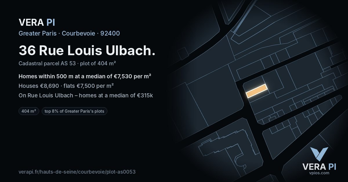 36 Rue Louis Ulbach, Courbevoie at night – the plot lit, the parcels around coloured by the prices near them