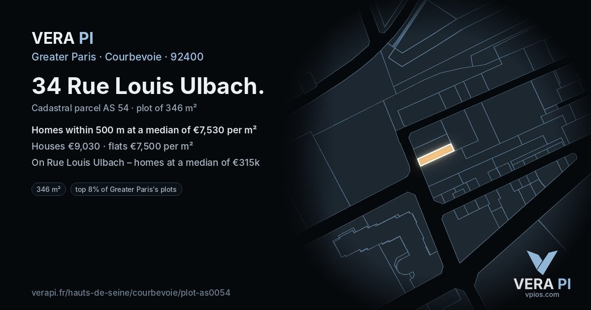 34 Rue Louis Ulbach, Courbevoie at night – the plot lit, the parcels around coloured by the prices near them